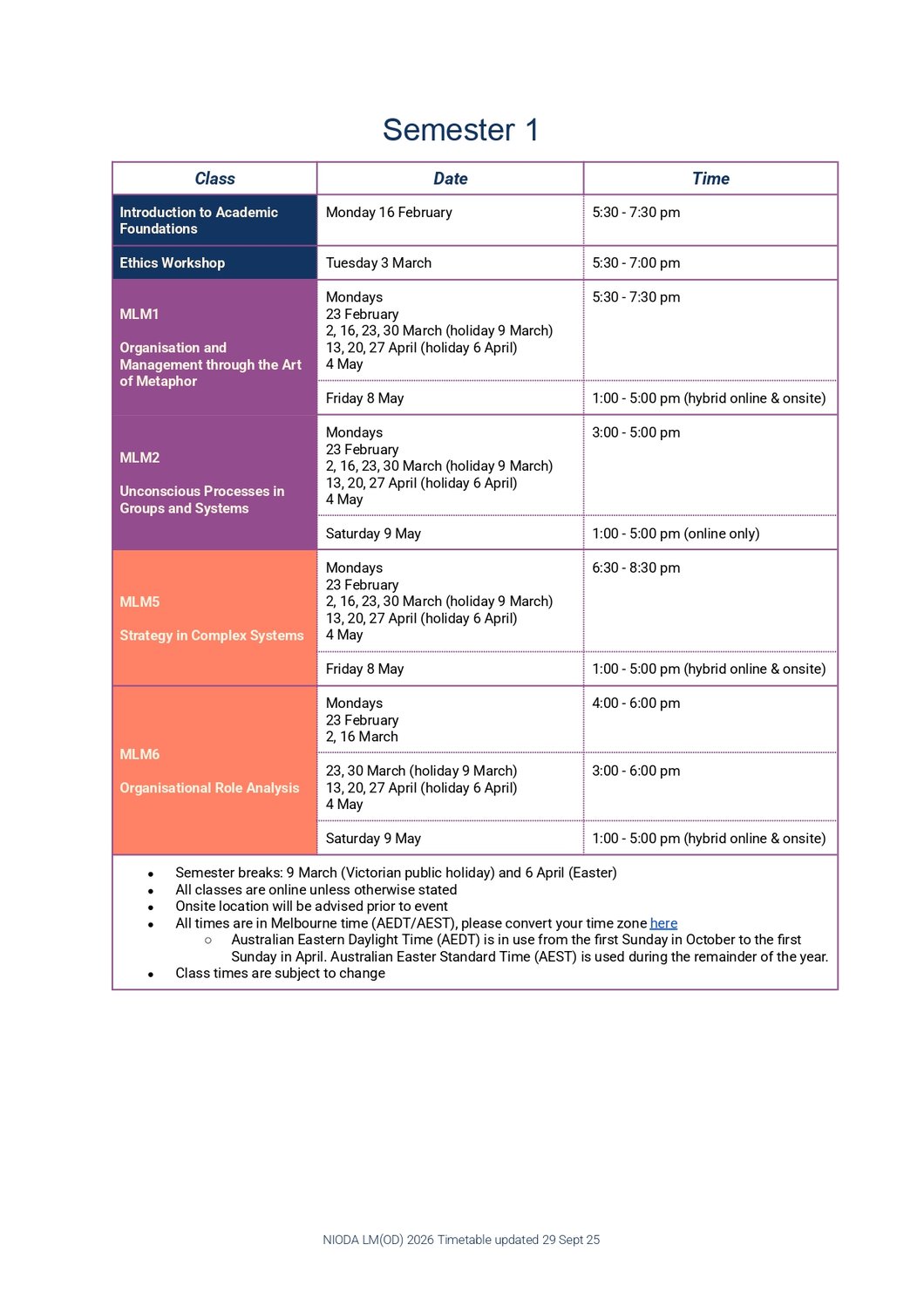 Timetable Semester 1